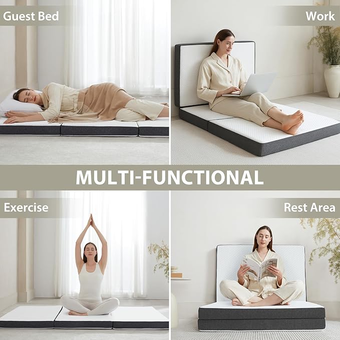 Tri Fold Memory Foam Foldable Mattress Twin, 3 inch Folding Mattress for Guest Sleep. Portable Trifold Mat with Removable Washable Cover, Floor Sleeping Mat for Adult and Kid