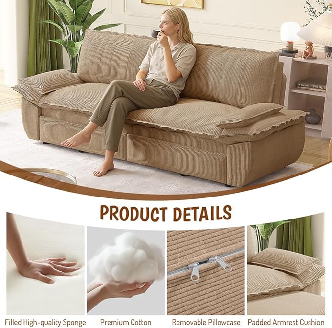 73.2" Queen Size Pull Out Sofa Bed, 3-in-1 Convertible Sleeper, Corduroy Loveseat for Living Room, Apartment, Bedroom Small Spaces, Camel (Mattress & Bedding Not Included)