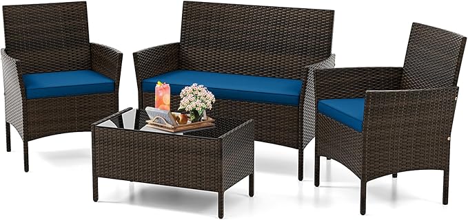 KOTEK 4 Piece Patio Furniture Set, Outdoor Rattan Conversation Set with Loveseat, Wicker Chairs, Tempered Glass Coffee Table, Wicker Patio Set for Backyard, Porch (Peacock Blue)
