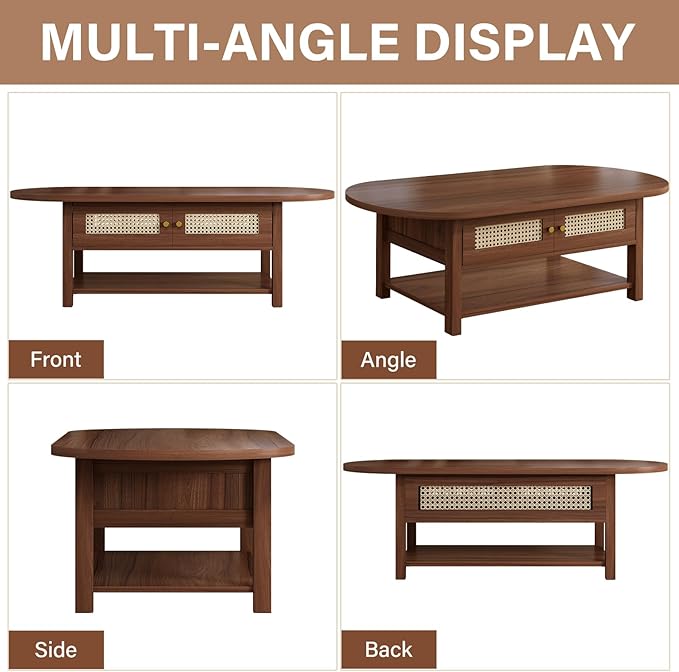 LVB Rattan Coffee Table, Boho Wood Living Room Table with Storage, Oval Modern 2-Tier Cocktail Tea Table with Doors & Open Shelf, Farmhouse Vintage Center Tables for Bedroom Office, Walnut, 47Inch