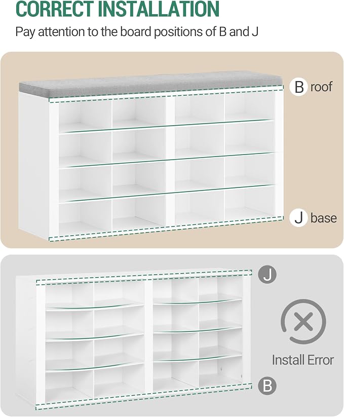 Hzuaneri Shoe Bench with Cushion, Entryway Storage Bench with 16 Cubbies, Cubby Shoe Rack with Adjustable Shelves, Shoe Organizer Cabinet for Living Room, Bedroom, Entryway, White SB25603GY - Image 6
