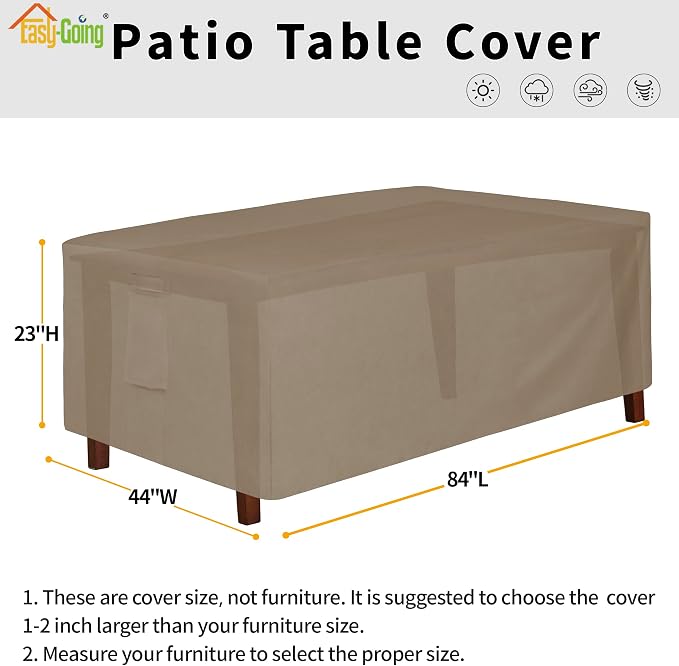 Easy-Going 600D Heavy Duty Rectangular Table Cover UV Resistant and Waterproof Outdoor Lawn Patio Furniture Cover (84" Lx44 Wx23 H, Camel) - Image 2