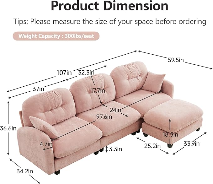 KEIKI 107" L-Shaped Oversized Chenille Modular Sectional Sofa with 1 Ottoman, High-Density Foam Cushions, Tufted Pleated Cushion Backrest, Modern 3-Seater Couch with 2 Pillow, for Living Room, Pink