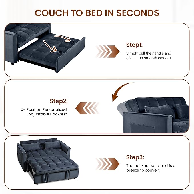 63" Sleeper Sofa with Pull-Out Bed, 3-in-1Folding Convertible Loveseat Sofa Bed with Side Pockets, Adjustable Backrest, Premium Velvet Fabric Futon Couches for Living Room