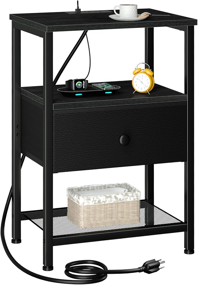 LOAKEKEL Night Stand with Charging Station, Small Bedside Table with Fabric Drawer, Nightstand with USB Ports & Outlets for Bedroom, Black, HETS010BK-1 by LOAKEKEL