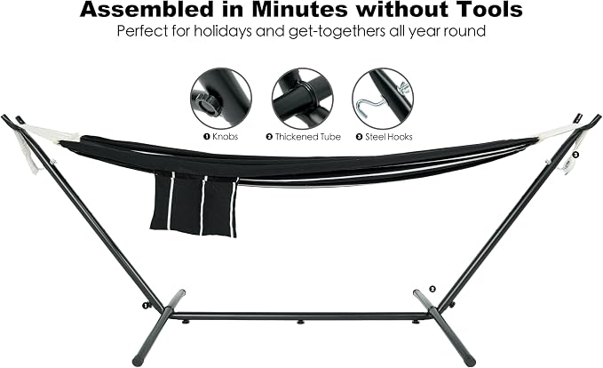 GAFETE Double Hammock with Stand for Outside, Upgraded Spreader Bar, Heavy Duty Space Saving Steel Stand 2 Person, Side Pockets, Easy Assembly, 600lbs Weight Capacity, Indoor & Outdoor (Darkness) - Image 6
