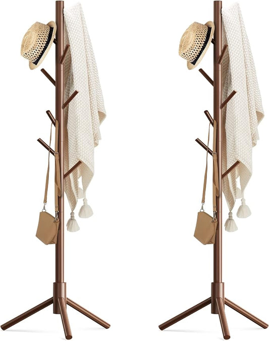 Haddockway Wooden Coat Rack Stand with 8 Hooks New Zealand Pine 3 Adjustable Coat Standing Tree Easy Assembly for Coats, Hats, Scarves and Handbags for Entryway, Hallway, Bedroom, Office,2 PCS by Haddockway