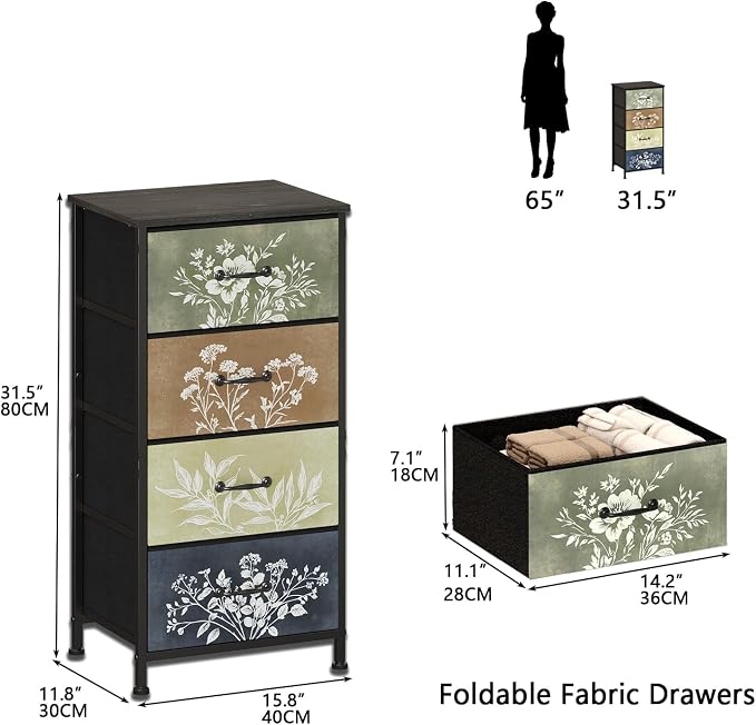 Tohomeor Vintage Dresser Vertical Nightstand with Neutral Botanical Plant Fabric Chest Drawers for Closet Bathroom Storage Tower Unit Bed Side Organizer Farmhouse Rustic (Multi, 4 Drawers) - Image 2