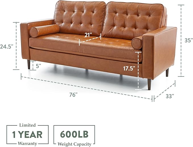 Edenbrook Lynnwood Upholstered Sofa - Couch for Living Room Office or Bedroom - Mid-Century Modern Design Furniture - Buttonless Tufting - Simple Assembly - 2 Bolster Pillows - Camel Faux Leather