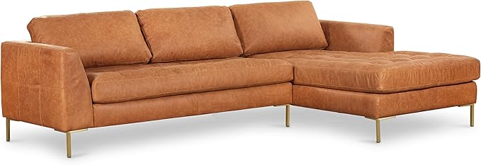 Poly & BARK Calle Right-Facing Sectional in Full-Grain Pure-Aniline Italian Tanned Leather in Cognac Tan and Brass Legs