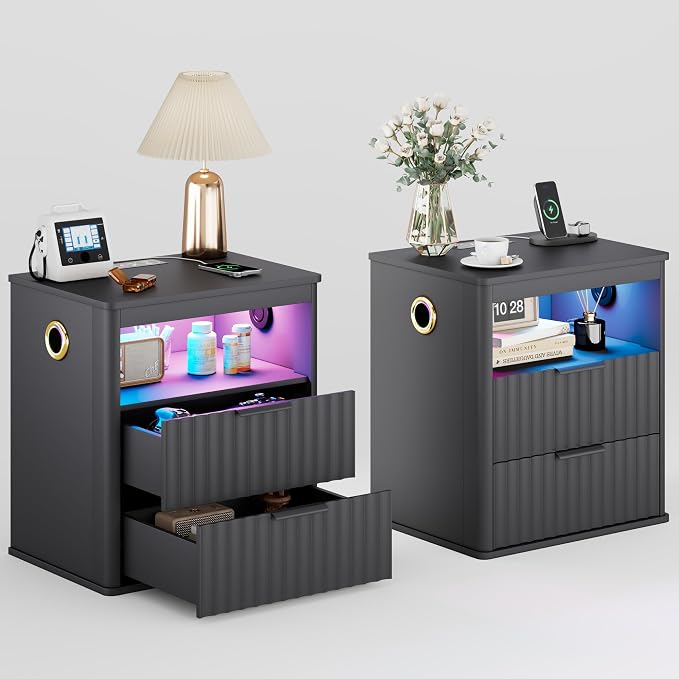WOOVIVS Modern Nightstand Set of 2 with Fluted Design, Bluetooth Music and Sensor Charging Module, Farmhouse Bedside Table with Storage for the Bedroom, Natural (Grey-2PCS) by WOOVIVS