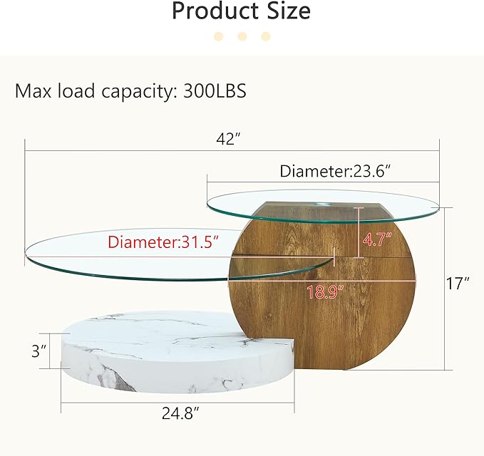 42" Glass Coffee Table, Round Coffee Table, 2-Tier Tempered Glass Tabletop with White and Wood Base, Modern Center Table for Living Room, Home, Apartment, Ideal for Small Space