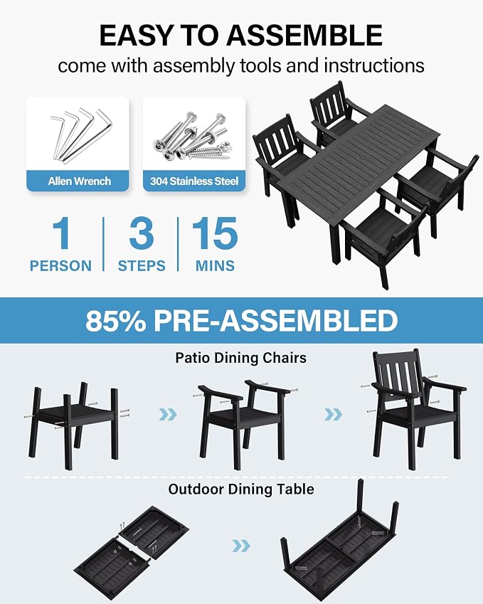 YEFU HIPS Patio Table Set: 5 Piece Outdoor Table and Chairs Dining Furniture Set with Umbrella Hole - Black Modern Plastic Dining Sets 4 Person for Outside Deck with Metal Aluminum Frame - Image 2