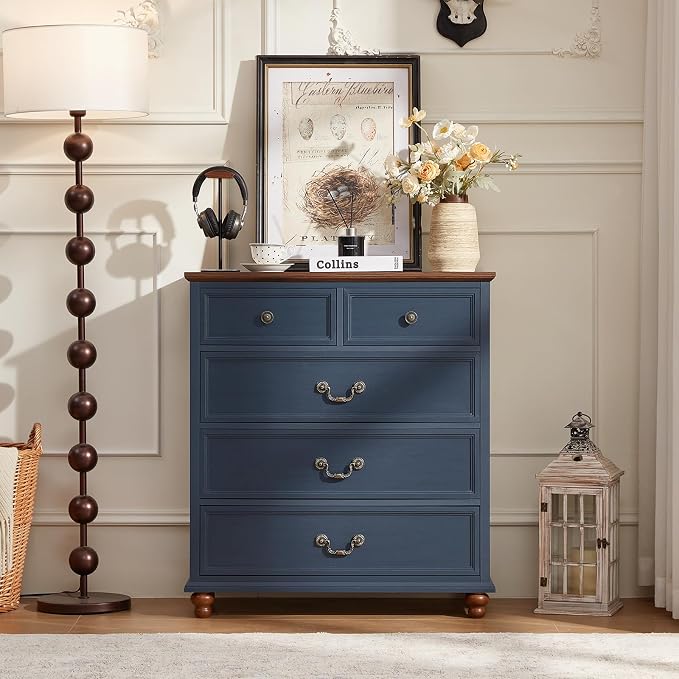 Joaxswe Farmhouse 5 Drawer Dresser for Bedroom, 35" Tall Rustic Chests of Drawers w/ 4 Solid Wood Feet, Mid Century Modern Wooden Closet Storage Dressers Organizer for Living Room, Hallway,Blue - Image 8