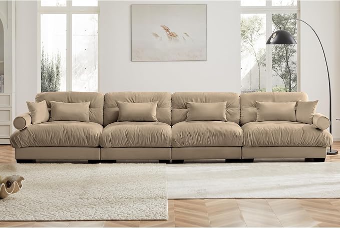 KEIKI 166" Oversized Velvet Modular Sectional Sofa with High-Density Foam Cushion and Bolstered Armrests, Upholstered Modern Style 4-Seater Cloud Couch with 6 Pillow, for Apartment, Living Room, Camel