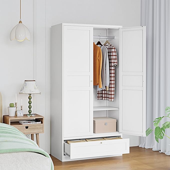 Metal Wardrobe Closet Cabinet,White Armoire Wardrobe Closets Storage Cabinets with Drawer,Metal Storage Cabinet with Doors and Shelves for Laundry Room,Bedroom,Home Office,Bathroom