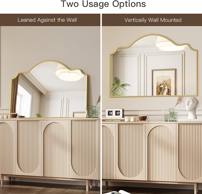 Arched Scalloped Mirror, 36" x 26" Gold Arched Fireplace Mirror with Rubberwood Frame, Scalloped Antique Wall Mirrors for Mantel, Bedroom, Living Room, Bathroom, Entryway - Image 6