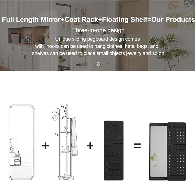 KungFuWood Full Length Mirror with Shelf and Hooks,Entry Way Mirrors for Wall,Wall Mirror with Shelf,Wall Mirror with Storage Multifunctional Design Panel,Living Room - Image 3