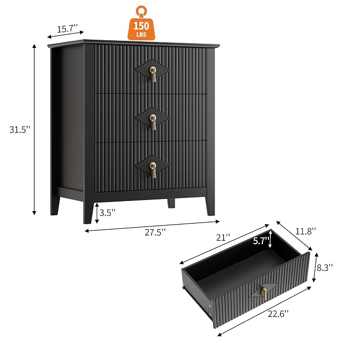GarveeHome Wood Nightstand Fluted Dresser for Bedroom, 27.5" Wide 3-Drawer Bedside Tables, Modern Chest of Drawers, Storage End Table Living Room, Hallway, Entryway, Black - Image 2