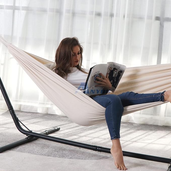 ANYOO Cotton Hammock Portable Camping Hammocks for Hanging Sturdy Garden Comfortable Fabric Hammock with Tree Straps Up to 660lbs with Travel Bag for Camping Outdoor/Indoor Patio Backyard - Image 7