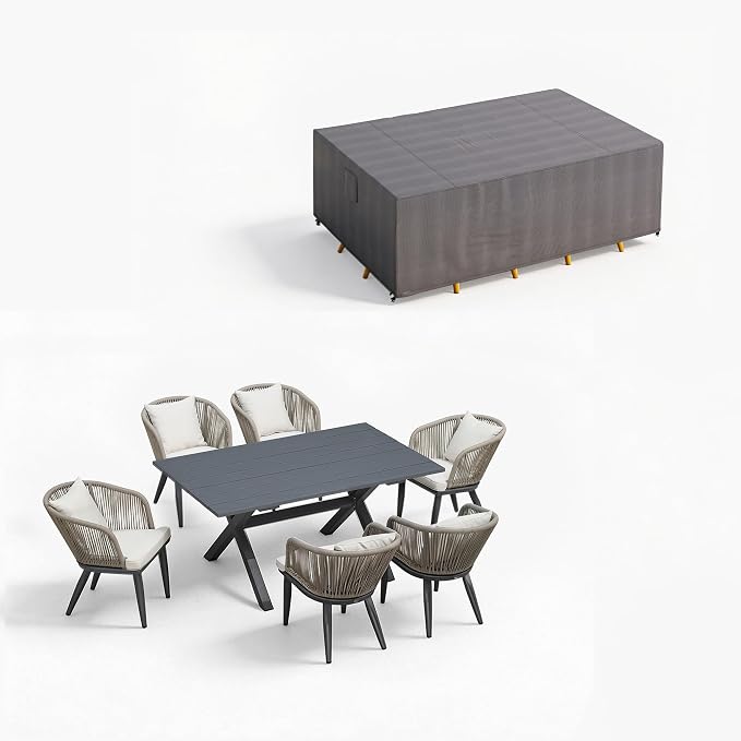 PURPLE LEAF 7 Pieces Patio Dining Set with Waterproof Furniture Cover Rectangular Table and Chairs Set for Garden Deck Aluminum Frame Backyard Kitchen Set, Cushions and Pillows Included Taupe by PURPLELEAF