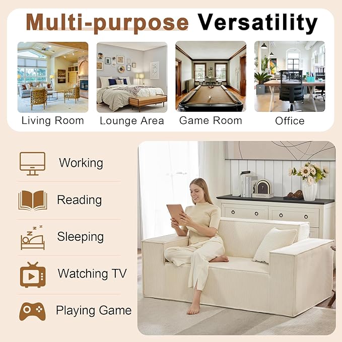 Corduroy Cloud Couch with Pillow, Premium Memory Foam, No Assembly Required, Deep Seat Sofa in Box, Space-Saving Chair for Home, Living Room, Bedroom, Apartment, Office, Loveseat, Beige