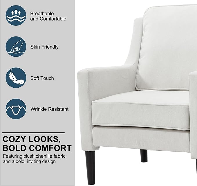 Ribilake Cream Accent Chair Set of 2 - High Back Upholstered Armchair, Comfy Living Room Arm Chair, Reading Accent Chairs for Bedroom, Apartment, Office, Single Sofa with Wood Legs