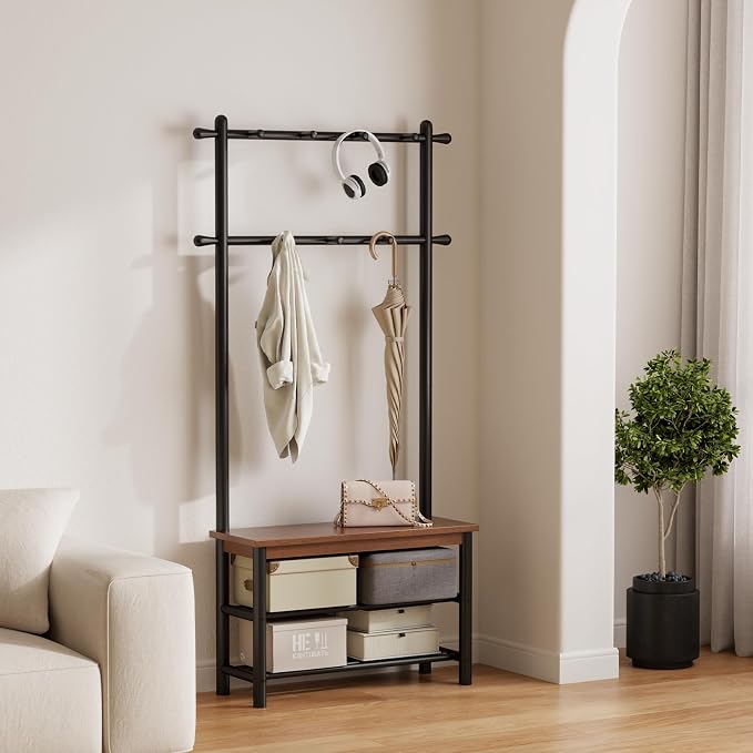 Coat Rack with Shoe Storage, Wood and Metal Frame, Entryway Hall Tree with Bench, Featuring 11 Hooks and 2-Tier Storage Shelves, 3-in-1, Entry Bench with Coat Rack (31.5" Walnut) - Image 7