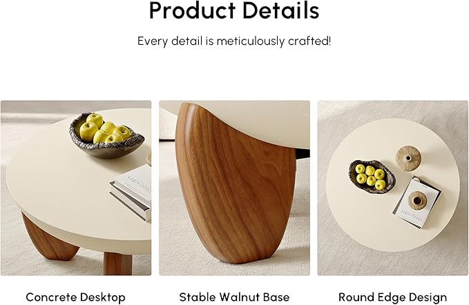 homary Round Concrete Coffee Table with Premium Walnut Ash Wood Legs, Modern Minimalist Cement Finish Center Table for Living Room
