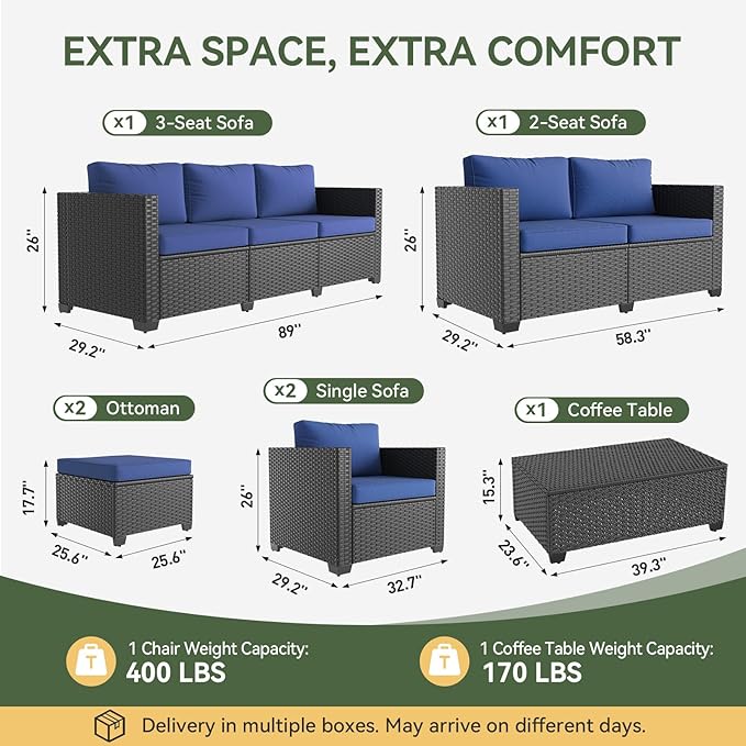 Aoxun 10 Piece Outdoor Patio Furniture Set 9 Seats, Outdoor Sectional with Thick Waterproof Cushions & Storage Coffee Table, Patio Conversation Sets for Garden,Backyard, Porch, Balcony, Deck, Blue