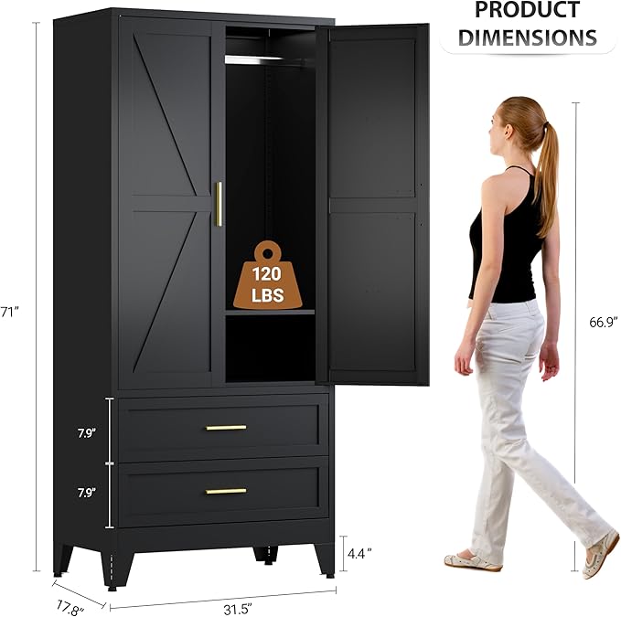 Metal Armoire Wardrobe Closet with 2 Drawers, 71" Wardrobe Cabinet with 1 Adjustable Shelf & 1 Hanging Rod for Bedroom, Black Metal Closet Storage Cabinet with 2 Doors & 2 Drawers