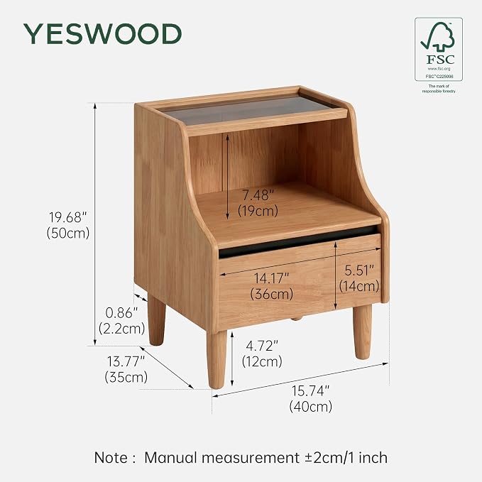 YESWOOD 100% Solid Wood Nightstand, Natural Oak Nightstands with Drawer Open Storage, Modern Night Stand with Glass Tabletop, Wooden Bedside Table for Bedroom, Side Table Living Room(23.62" H) - Image 2