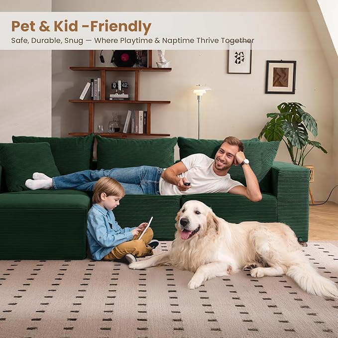 108" L-Shaped Boneless Couch, Modular Sectional Sofa with Moveable Ottoman, Corduroy Cloud Couches for Living Room, No Assembly, Ship in a Box, Green