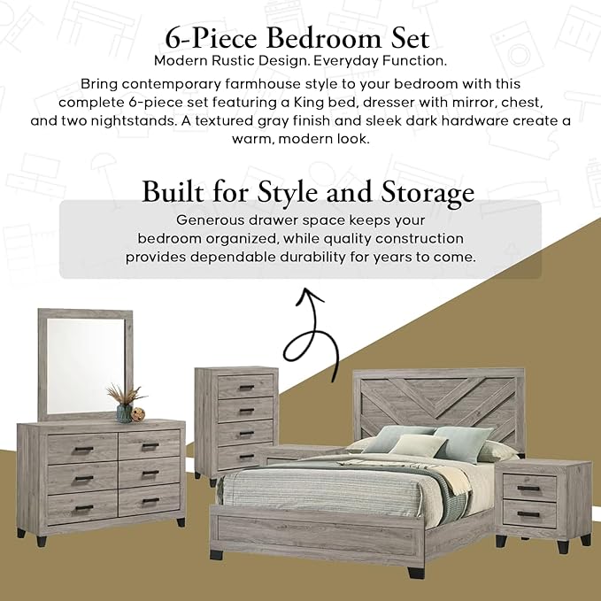 Kings Brand Furniture Napa Farmhouse 6-Piece Bedroom Set - Bed Frame with Headboard, Chest, Dresser and Mirror and 2 Nightstands (King Size)