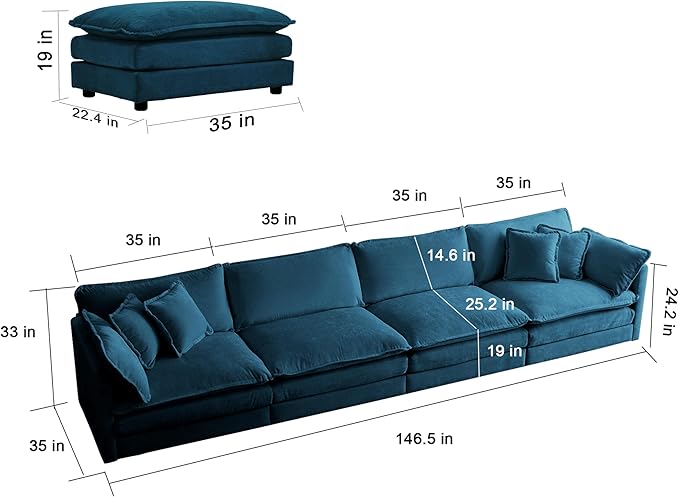 ERYE U-Shaped Oversized Sectional Sofa Modern Deep Seat Reversible Chaises Sofa&Couch with Movable Ottomans and 6 Pillows, Modular Sleeper Upholstered Couch for Living Room, Apartment, Studio, Office