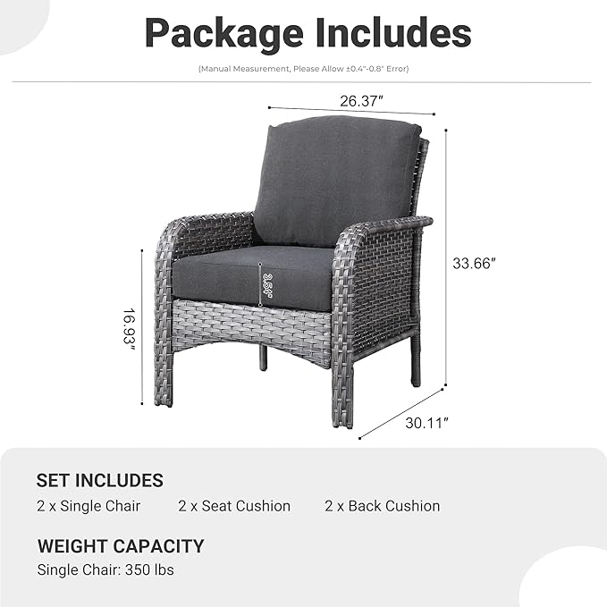 ovios 2-Piece Patio Furniture Set, Outdoor Wicker Sofa with Chairs, High Back Rattan Chair with Comfy Cushions for Porch Yard Deck, Black