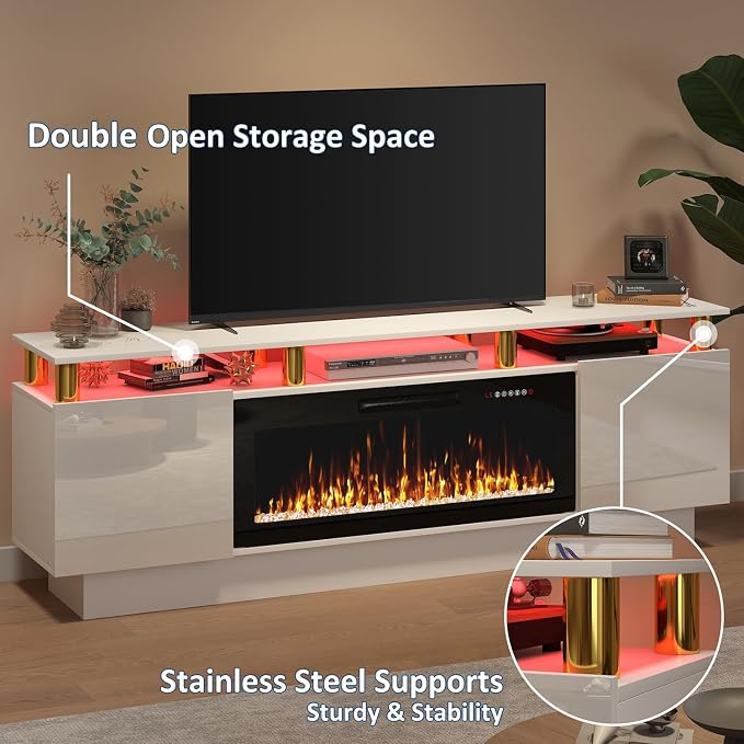 PUKAMI 70" Fireplace TV Stand with 36" Electric Fireplace, LED Light Entertainment Center with Storage, 2 Tier Modern Wood Media TV Console with Highlight Cabinet for Living Room, White - Image 2