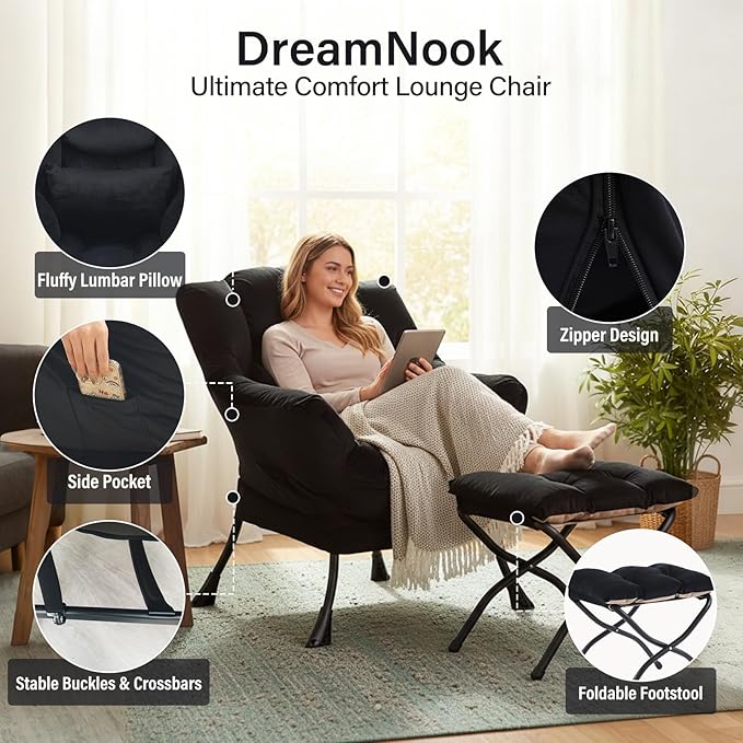 Lazy Chair with Ottoman, Modern Accent Chair with Lumbar Pillow, Velvet Black Sofa, Armchairs with Folding Footrest, Oversized Supportive Chairs for Bedroom, Reading
