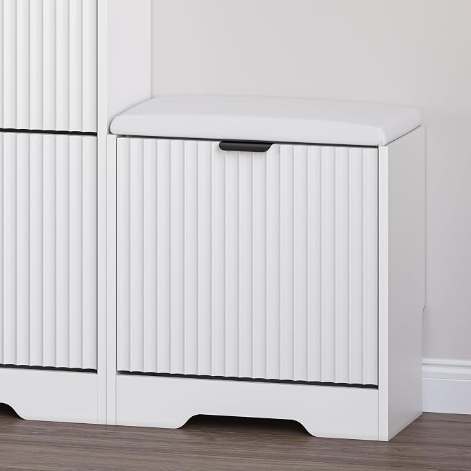 BORNOON Slim Shoe Cabinet with Bench for Entryway, Hidden Storage and Adjustable Shelves, Free Standing Wooden Shoes Organizer for Foyer, Hallway - Image 5