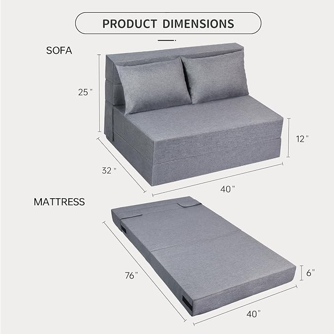Folding Sofa Bed Twin Size, Foldable Sleeper Chair with 2 Pillows, Convertible Futon Sofa Bed with Washable Cover, Fold Out Couch for Living Room, Dorm, Guest Room, Standard Size, Light Grey