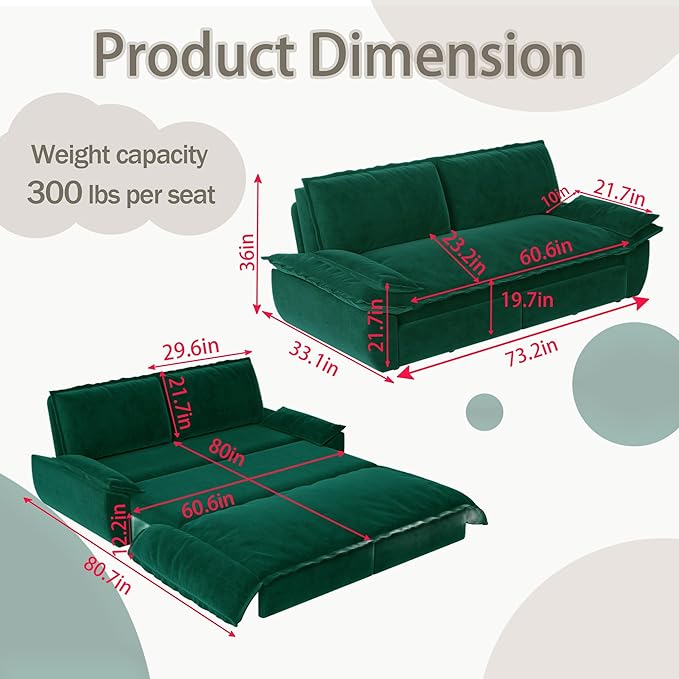 73.2" Queen Size Pull Out Sofa Bed, 3-in-1 Convertible Sleeper, Velvet Loveseat for Living Room, Apartment, Bedroom Small Spaces, Green (Mattress & Bedding Not Included)