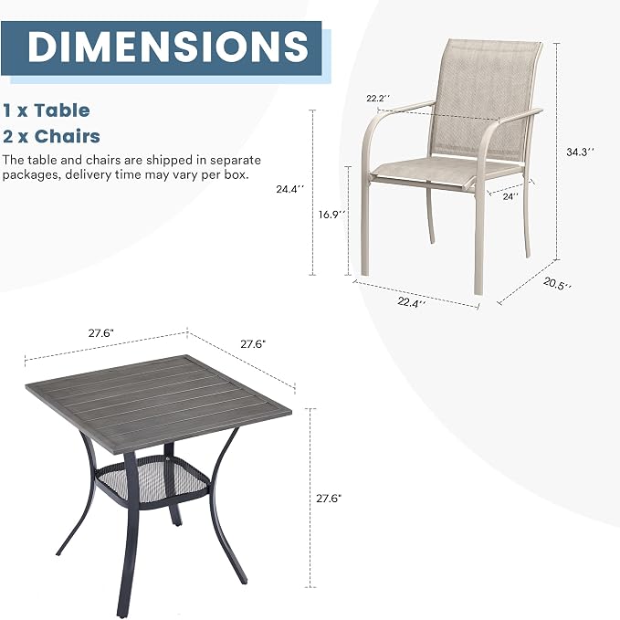 DIFY 3 Pieces Outdoor Patio Dining Set for 2, 2 Sandshell Stackable Dining Chairs and 27.6" Grey Wood-Like Metal Square Dining Table, Outdoor Table and Chairs for Lawn Garden Deck - Image 7