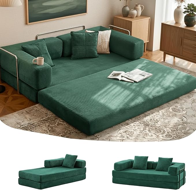 4-in-1 Folding Convertible Sofa Bed, 77" Floor Couch with Pillow - Corduroy Fabric & High-Density Sponge & Fixed-Shape Frame, Modular Sofa for Living Room/Lounge/Studio, Green