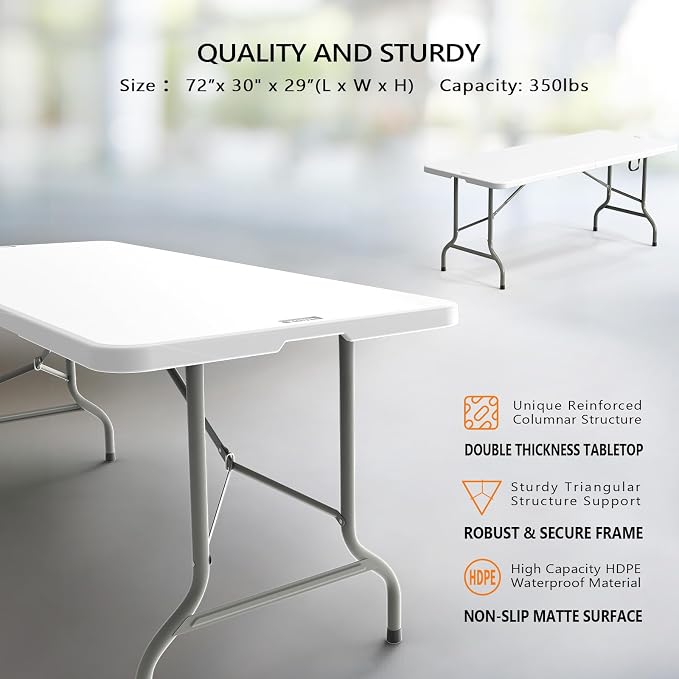 VINGLI 6 Foot Plastic Folding Table Portable Long Table for Indoor Outdoor Use Rectangular with Carrying Handle, Smooth HDPE Tabletop, White - Image 3