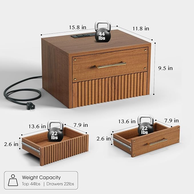 JOINICE Floating Nightstand Set of 2, Mid Century Modern Wall Mounted Bedside Table with Charging Station, Fluted End Table with Storage Drawers for Bedroom, Home Small Space, Cherry, 2 PCS - Image 2