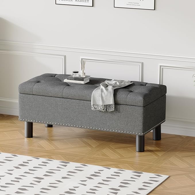 Furniliving Ottoman Bench with Storage, Folding Storage Ottoman Bench with Wood Legs, Upholstered Bedroom Bench with Button-Tufted, Entryway Bench Storage Bench for Bedroom, Linen (Darkgrey) - Image 10