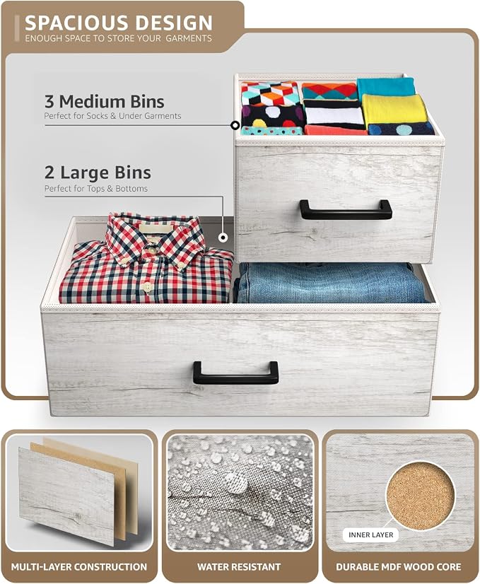 Sorbus Dresser with 5 Faux Wood Drawers - Storage Unit Organizer Chest for Clothes - Bedroom, Hallway, Living Room, Closet, & Dorm Furniture - Steel Frame, Wood Top, & Easy Pull Fabric Bins - Image 5