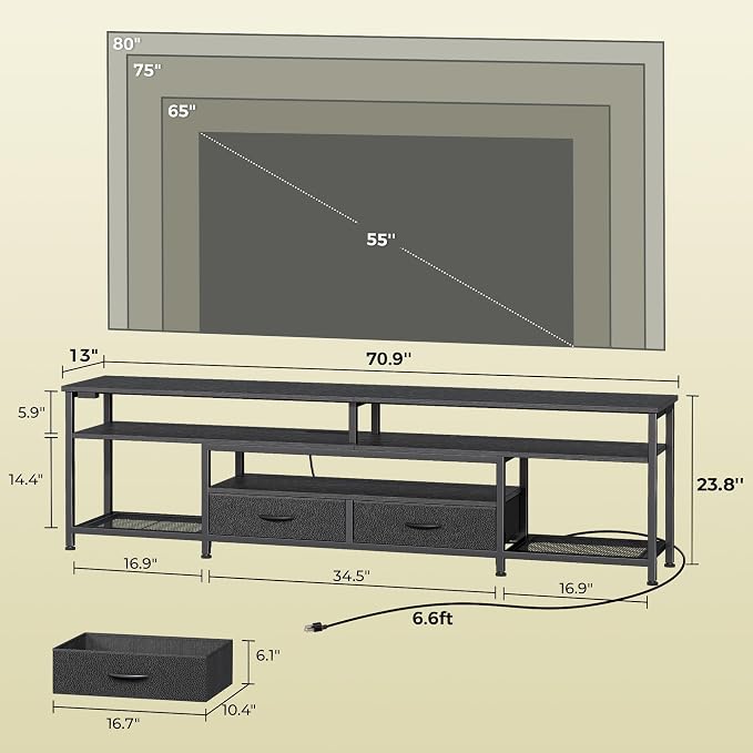 Huuger TV Stand for 75 80 Inch TV, Entertainment Center with Power Outlets and LED Lights, 70.9 Inch TV Console for Living Room, Media Console with Drawers and Shelves, Black - Image 6