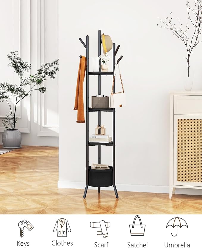 YMYNY Coat Rack, Freestanding Coat Stand with Storage Shelves, Hall Trees with 3 Wooden Shelves and 1 Fabric Basket, Metal Clothes Stand for Hats Bags Hallway Bedroom Black UHGR005B - Image 4