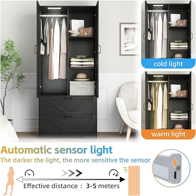 Armoire Wardrobe Closet with Mirror and 2 Drawers, 72'' Bedroom Armoire Wardrobe Cabinet with Hanging Rod and Light,Wooden Bedroom Closet with Adjustable Shelf